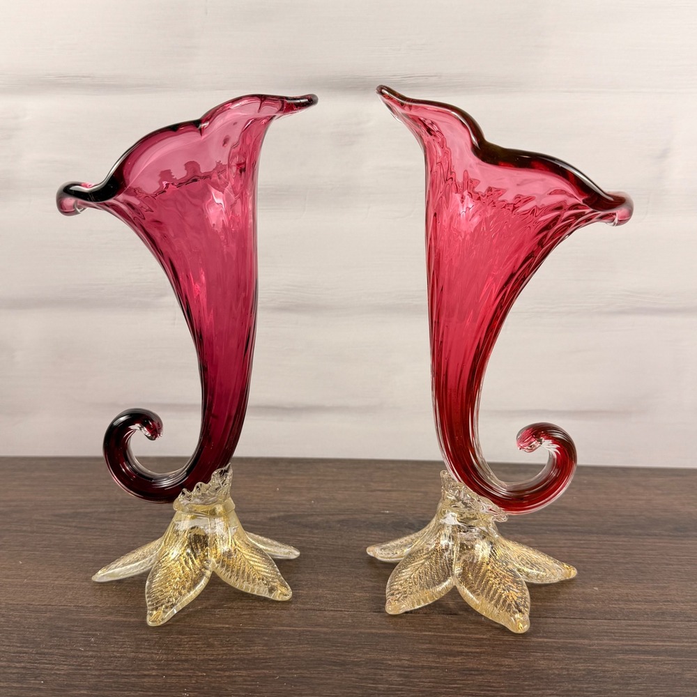 Murano Venetian Glass Pink Cornucopia Vases Gold Aventurine Pair Italy